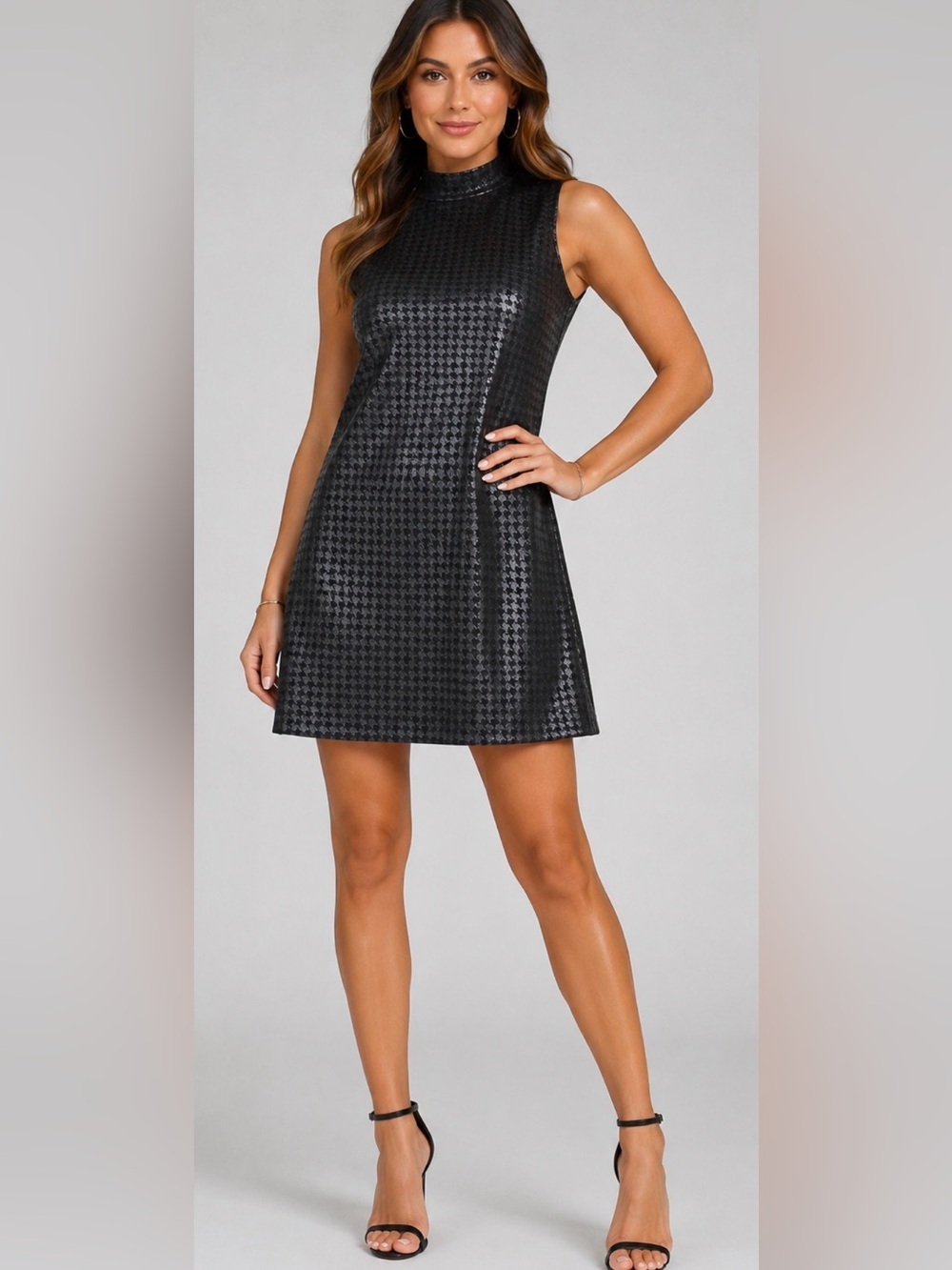 NWT BAR III BLACK GRAY METALLIC HOUNDSTOOTH MOCK, Neck SHIFT DRESS PETITE S